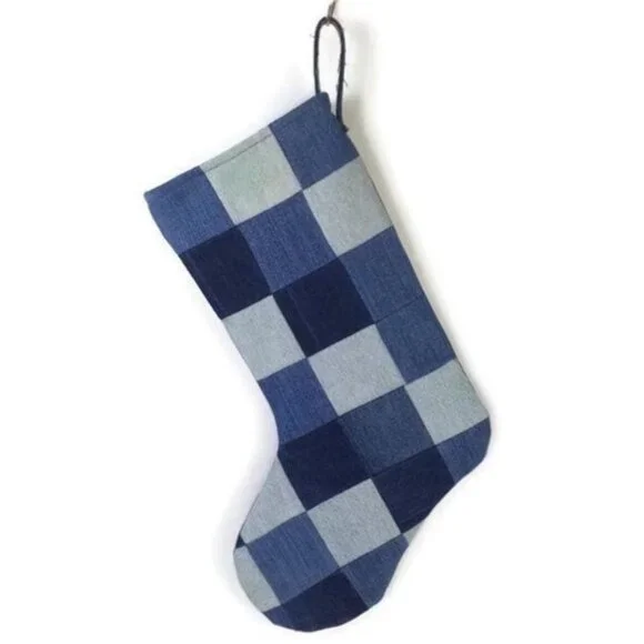 Hand Made Upcycled Blue Patchwork Denim Lined Hanging Christmas Stocking 17.5"